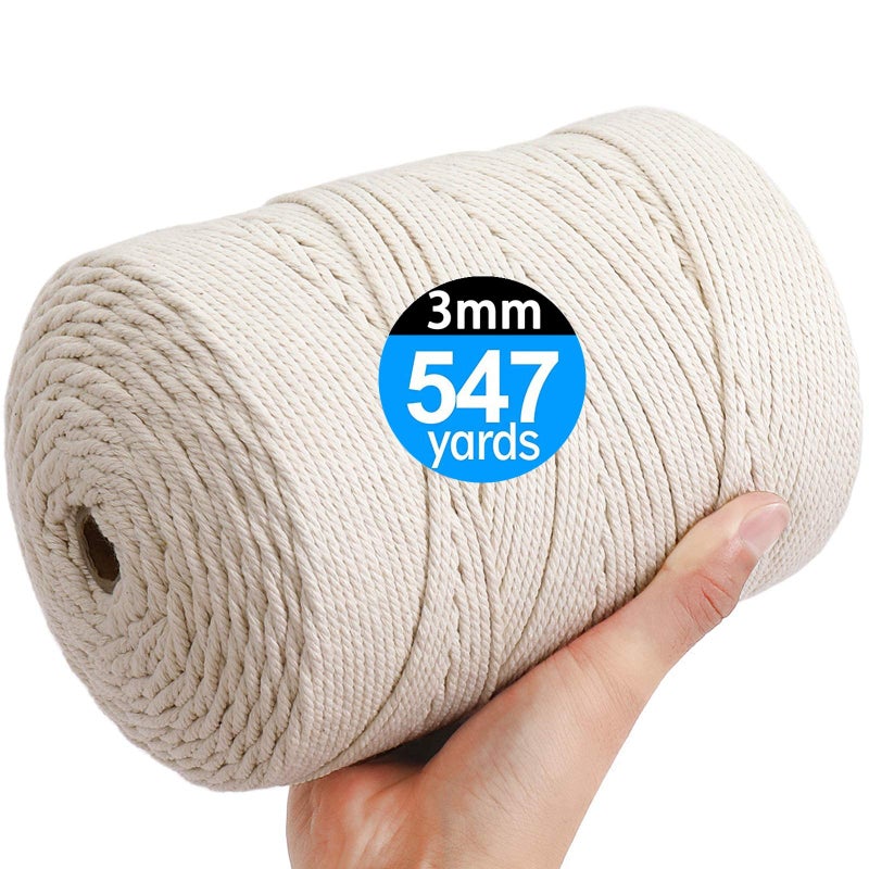 أيه اي- فان AIFUN Macrame Cord 3mm X 547yd غير مصبوغ 100% قطن طبيعي Macrame حبل 4 ستراند حبل قطني ملتوي للتعليق على الحائط يدويًا شماعات النباتات الحرف الحياكة تغليف الهدايا (3 مم × 500 متر) - Image 1
